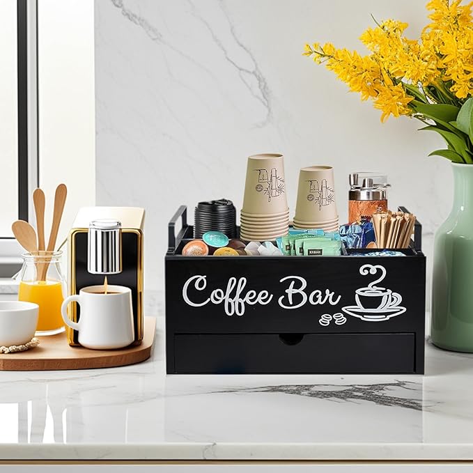 Wood Coffee Bar Organizer with Handle, Coffee Station for Countertop, Bar Station Accessories for Decor, 5 Countertop Storage Accessories Tea Bag Organizer (Double-Deck)