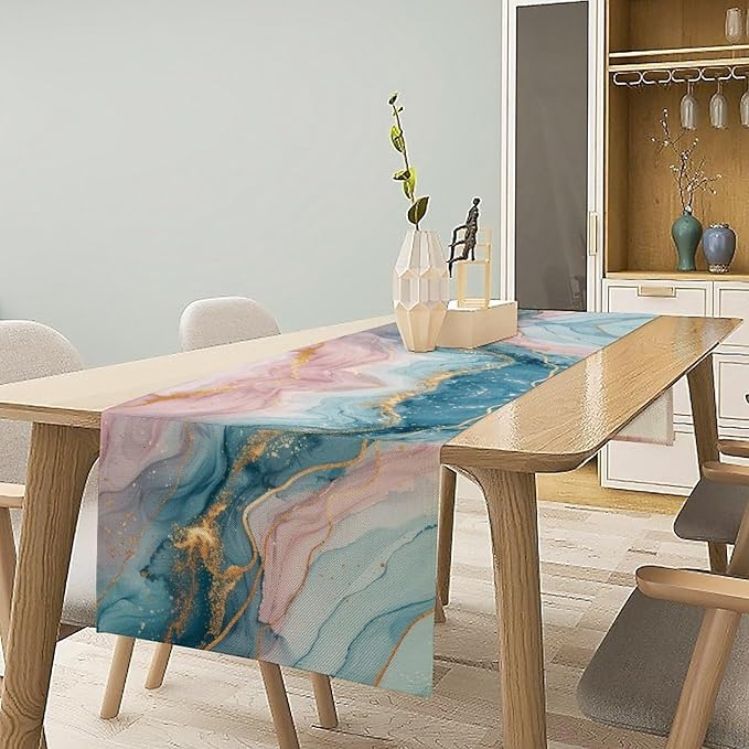 Marble Table Runner, Modern Luxury Foil Texture Pink Blue Gold Marble Printed Linen Table Runners for Kitchen Living Room Farmhouse Dining Room Party Home Decor 13" W x 60" L
