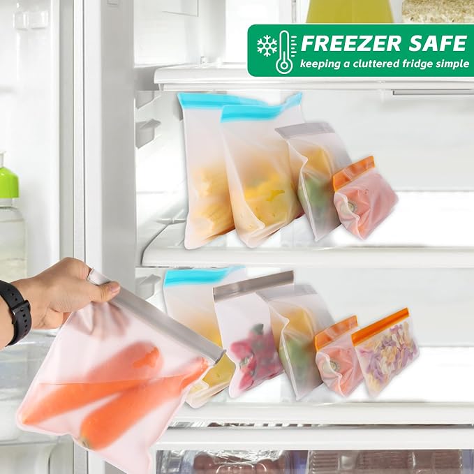 10 Pack Leakproof Reusable Freezer Bags, BPA Free Food Storage Bags, Salad Fruit, Vegetables, Traval, Home Organization Dishwasher Safe - 3 Gallon 3 Snack 4 Sandwich Bags