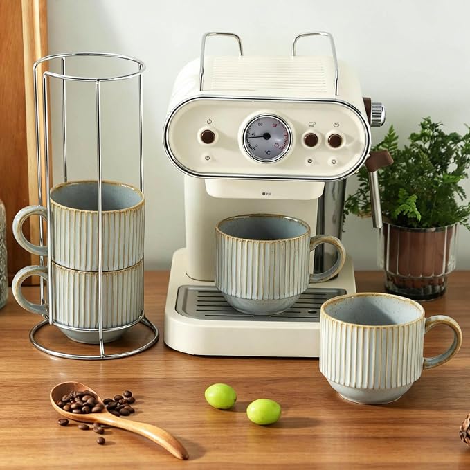 HASENSE Stackable Coffee Mugs, 15 Oz Ceramic Coffee Mugs with Stand, Vertical Striped Coffee Cups Set of 4 with Handle, Space-Saving Suitable for Kitchens and Coffee Nook, Blue-Gray