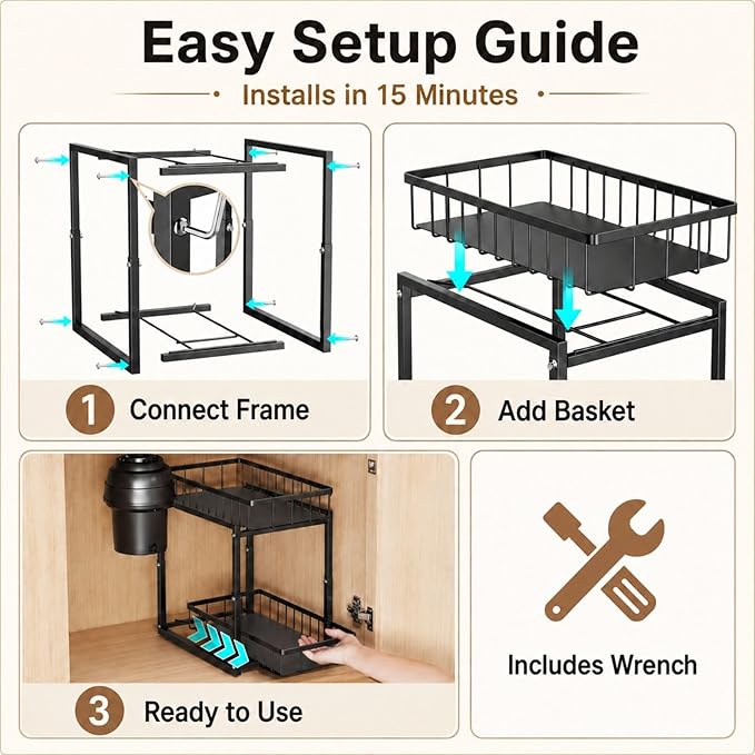 iSPECLE Under Bathroom Sink Organizer - 2 Pack 2 Tier Pull Out Under Kitchen Sink Storage for Centered Garbage Disposal, Reach Back Items Easily Adjustable Shelf Height Heavy Duty H-Frame, Black