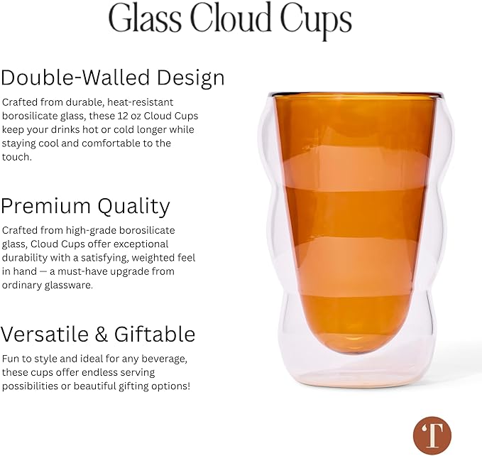 Teaspressa White Glass Cloud Cup 12 oz Double-Wall Insulated Borosilicate Glass – Heat-Resistant – Ideal for Hot or Iced Tea, Lattes, Coffee & More – Minimalist Design – Great Gift