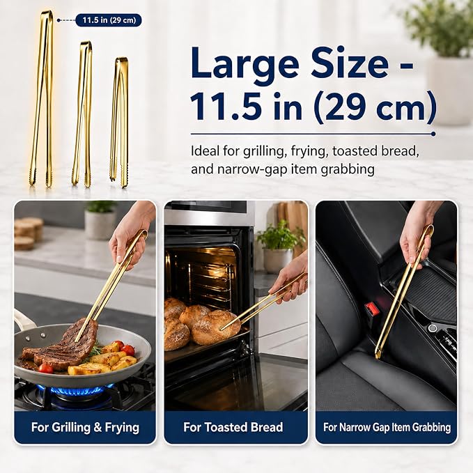 Kitchen Tongs Set of 3 with Storage Case, 304 Stainless Steel Cooking Tongs, 11.5”, 9.5” & 6” Serrated Non-Slip Tips for Grilling, Frying, Salad, Pasta, Ice Cubes (Gold)