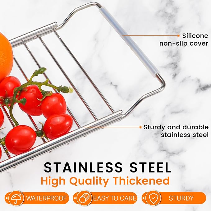 Expandable Over The Sink Dish Drainer Drying Rack, Stainless Steel Telescopic Sink Storage Rack, Kitchen Sink Caddy Organizer Sponge Holder