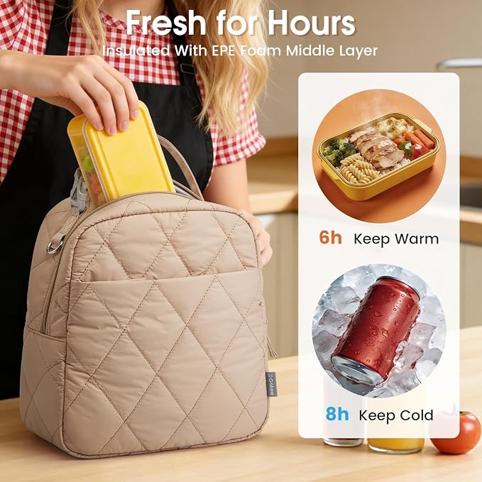 G4Free Large Insulated Lunch Bag, Leakproof Quilted Lunch Box Women Men, Reusable Puffer Lunch Bag For Work Picnic Travel, Khaki