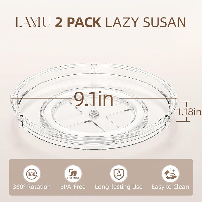 LAMU 2 Pack Lazy Susan Organizer, 9'' Clear Lazy Susan Turntable for Cabinet, Fridge, Kitchen, Pantry, Countertop, Table Top, Refrigerator Organizers and Storage, Seasoning and Spice Organizer