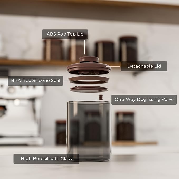Amber Glass Coffee Canister 2-Pack with Pop Lid & 1-Way Valve - Airtight Container with UV Protection to Lock in Freshness - Storage for Coffee Beans, Ground Coffee & Dry Food, 15OZ