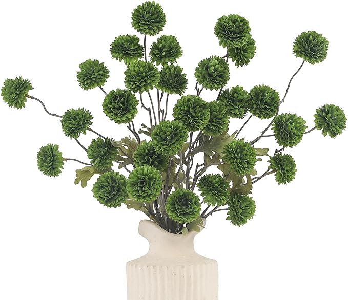 DuHouse 9pcs Artificial Flowers Faux Silk Pompon Mum,Silk Small Mini Chrysanthemum Ball with Stems for DIY Wedding Bouquets Centerpieces Vase Home Table Kitchen Decoration(Green)