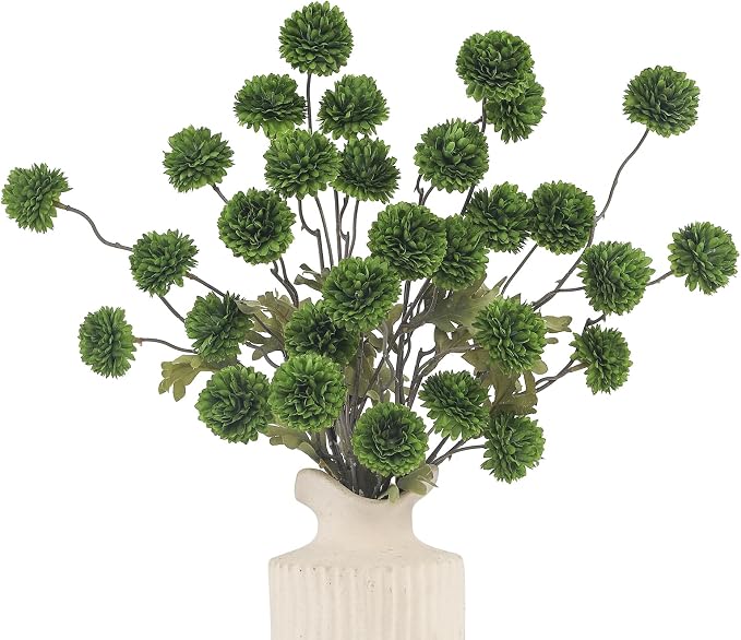 DuHouse 6pcs Artificial Flowers Faux Silk Pompon Mum,Silk Small Mini Chrysanthemum Ball with Stems for DIY Wedding Bouquets Centerpieces Vase Home Table Kitchen Decorations(Green)