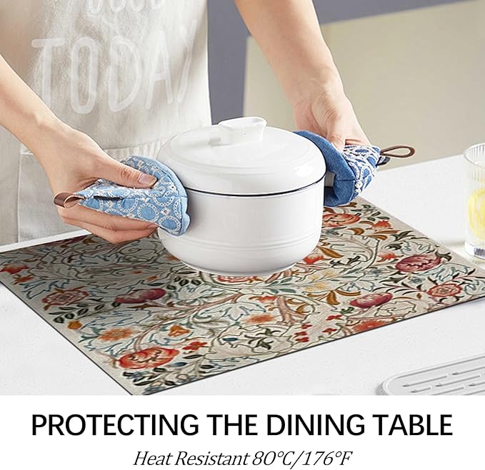 Vintage Floral Botanical Placemats Set of 4 William Morris Washable Heat Resistant Place Mats for Dining Table Rustic Nature Cottagecore Linen Woven Wipeable Kitchen Table Mats 11.8"X17.7"