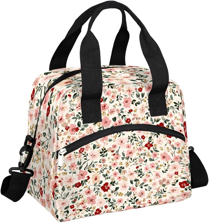 Floral Flower Insulated Lunch Bags for Women Girls Adult Ethnic Reusable Lunch Tote Therma Cooler Bag with Shoulder Strap Lunch Box for School Work Office Picnic Meal Prep Bag