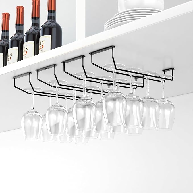 FOMANSH 14-Inch Wine Glass Holder - Under Cabinet Metal Stemware Rack for Kitchen Bar - Single Rail Hanging Storage Hanger, Set of 2