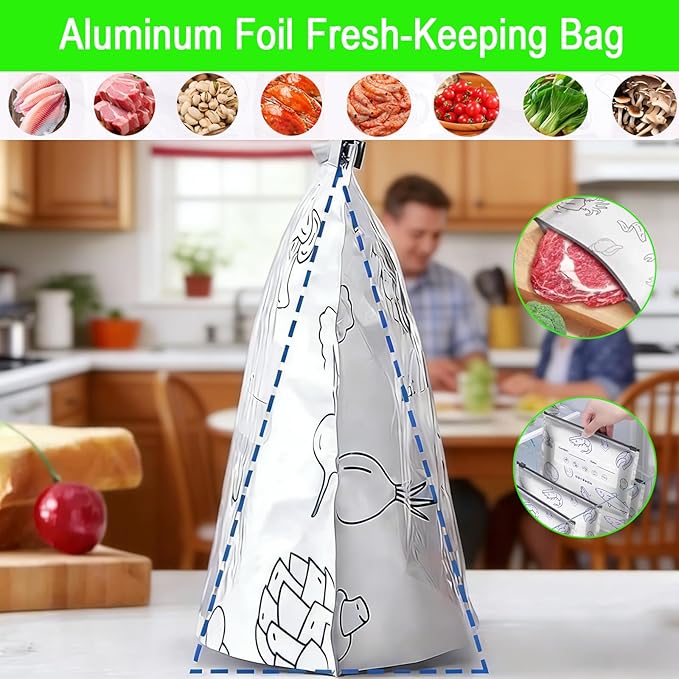 Reusable Aluminum Foil Storage Bags, 30 Count - Thick, Leak-Proof Stand-Up Bags with Resealable Zipper for Food Storage & Organization | Freezer, Pantry & Meal Prep (Small)