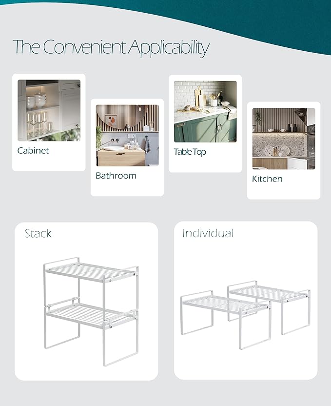 Shantton 2 Pack Kitchen Cabinet Shelf Counter Organizer Rack Pantry Storage Bathroom Bedroom Office Table Desk Space Saving Steel Frame Stackable Rust Resistant Non Slip White