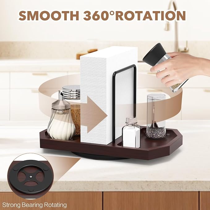 Napkin Holder for Table, Rotating Napkin Dispenser with Salt and Pepper Shakers Storage, Standing Paper Napkin Organizer for Kitchen Dining Table Decor (1, Brown)