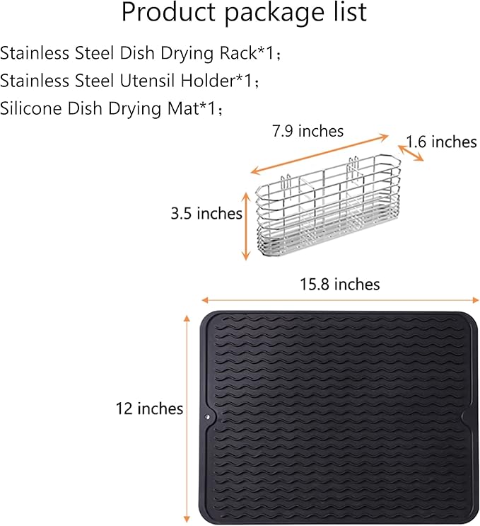 NiuYichee Stainless Steel Dish Drying Rack(15.2"L X 13"W X 5.8"H), Expandable Fruit & Vegetable Drain Rack over Sink, Dish Drainer Rack in Sink, with Stainless Steel Utensil Holder & Silicone Mat(16")
