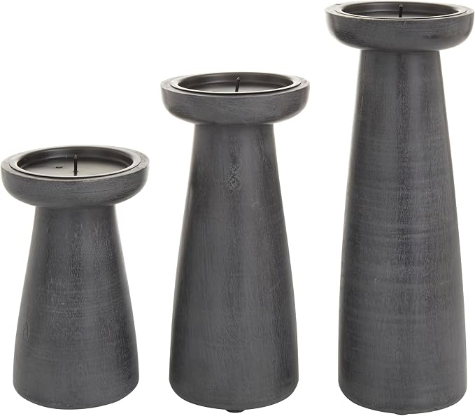 CosmoLiving by Cosmopolitan Mango Wood Decorative Candle Holder Pillar Candle Stand, Set of 3 Candlestick Holder 10", 8", 6" H, Dark Gray