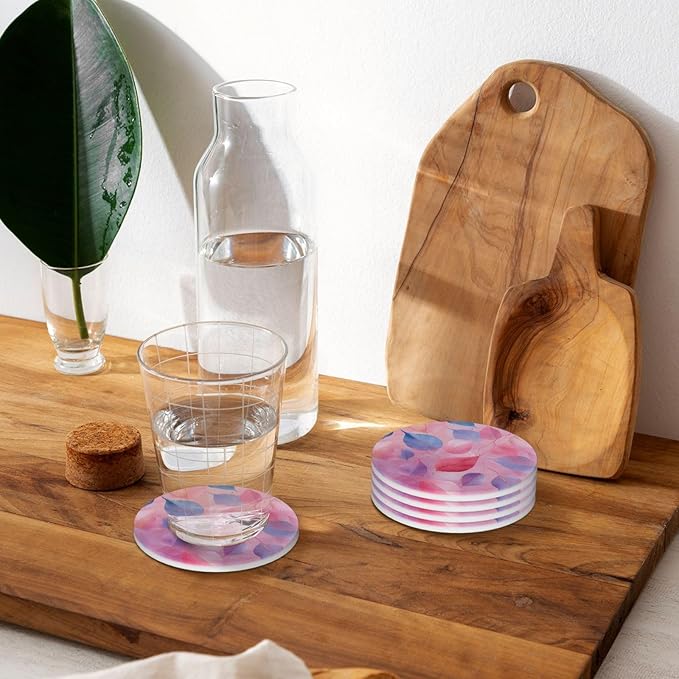 Pink Blue Leaves Coasters Set of 4 Absorbent Ceramic Coasters for Drinks Modern Cup Coaster with Cork Backing Cute Stone Coaster Housewarming Gifts 4.1 Inches