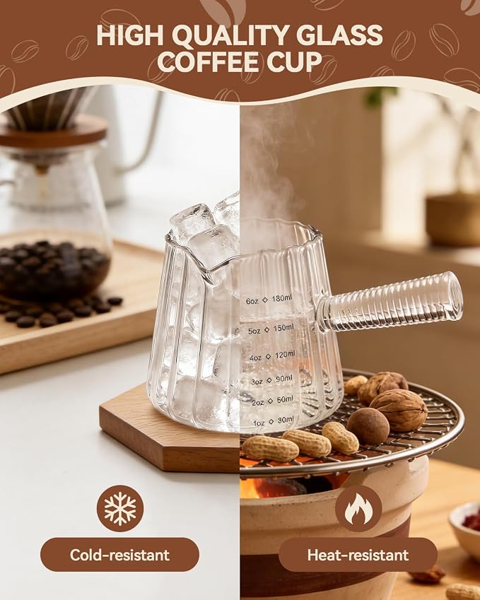 6OZ Glass Measuring Cup - 180ml Borosilicate Glass Espresso Shot Glass with Glass Handle, V-Shaped Spout for Milk Frothing, Espresso Accessories for Machine, Dishwasher Safe