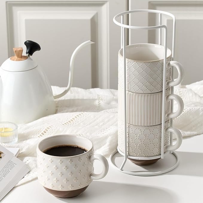 Large Ceramic Coffee Mug Set of 4 with Stand, 15 Oz Stackable Different Embossment Ribbed Latte Cup Set for Cappuccino, Tea, Hot Cocoa, Drinks - Dishwasher & Microwave Safe, Aged Ivory