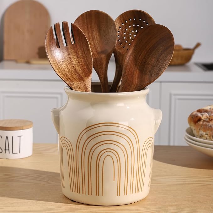 Ceramic Farmhouse Kitchen Utensil Holder for Countertop, Rustic Cooking Utensil Holder Crock Fit for Kitchen Counter. Arch Pattern 5.3 x 5.3 x 6.8 IN