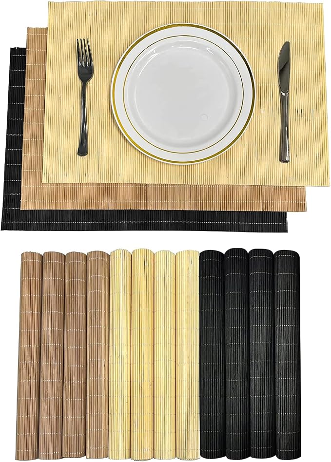 Set of 12 Pcs Bamboo Placemats - Natural & Brown & Black, Anti-Slip, Heat-Resistant, Washable Table Mats for Dining and Kitchen