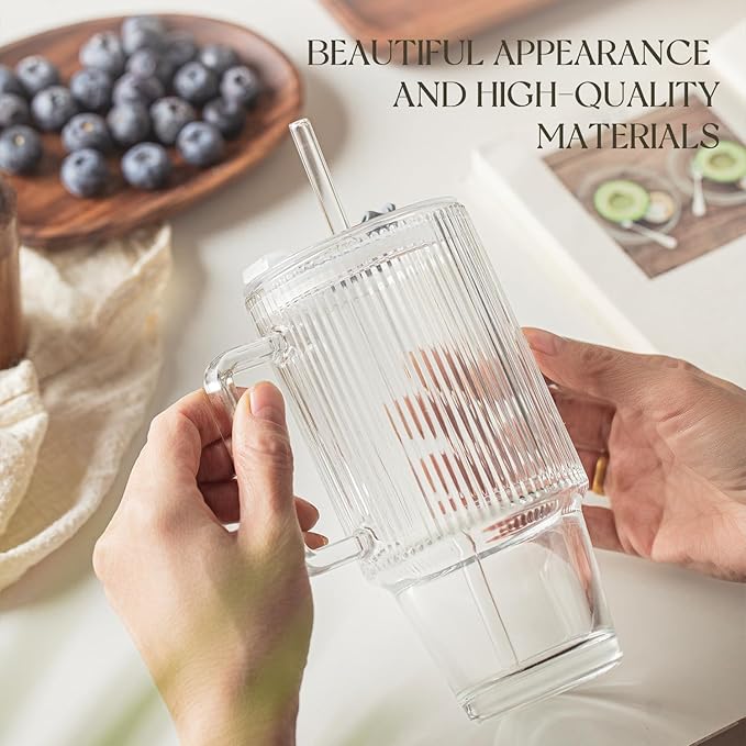 KEMORELA 24 Oz Ribbed Glass Tumblers with Lids and Straws, Tumbler Cup with Handle, Iced Coffee Glassware, Clear Reusable Drinkware for Smoothies and Beverages (1)