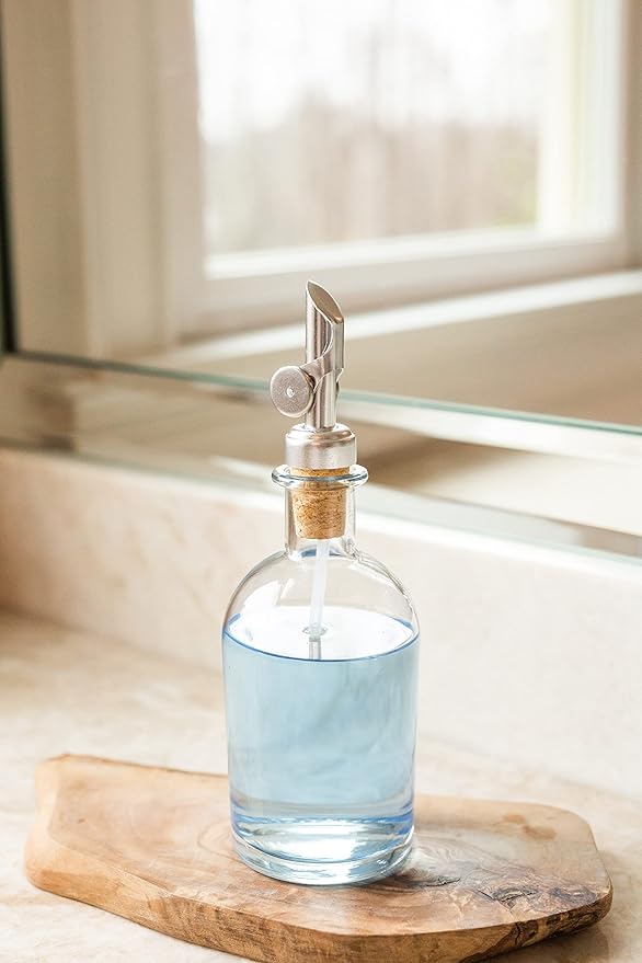 Rail19 Small Clear Glass Mouthwash Dispenser with Metal Pour Spout | Cooking Oil and Vinegar Dispenser - Perfect for The Bathroom, Kitchen and Tabletop, 8oz (Silver)
