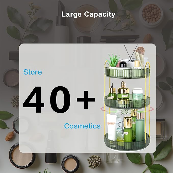 360 Rotating Makeup Organizer - Large Capacity Spinning Perfume & Cosmetic Skincare Holder for Vanity & Countertop (Gem Green, 3 Tier)
