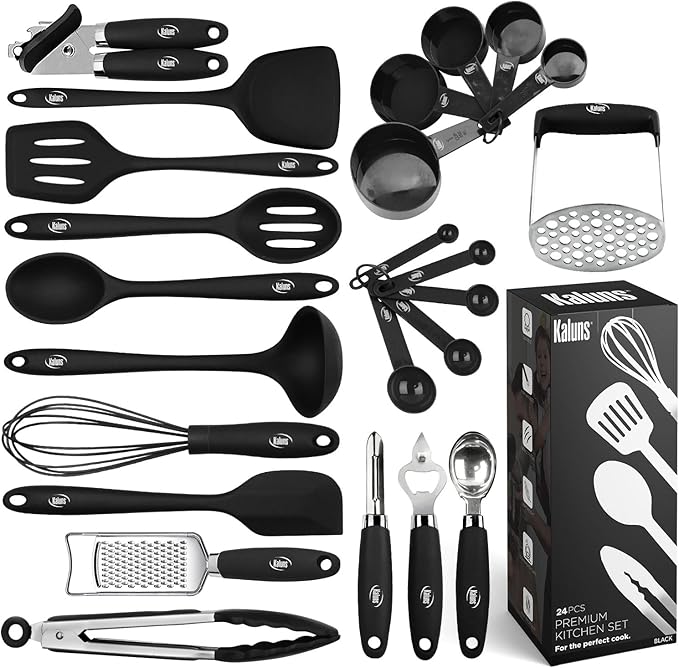 Kaluns Silicone Kitchen Utensils Set 24 Pcs Silicone Cooking Utensils Set - Can Opener, Masher, Turner, Spatula 446°F Heat Resistant Non-Stick - Premium Utensil Set