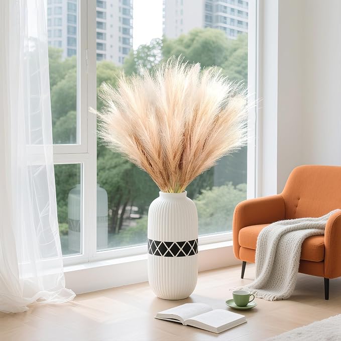 TORONTOKYO 8Pcs Faux Pampas Grass Tall Decor, 35.4” Fluffy Large Artificial Pompous Grass Branches, Bulrush Reed Grass Stems for Floor Vase Filler, Wedding, Baby Shower, Home Boho Decor (Beige Mixed)