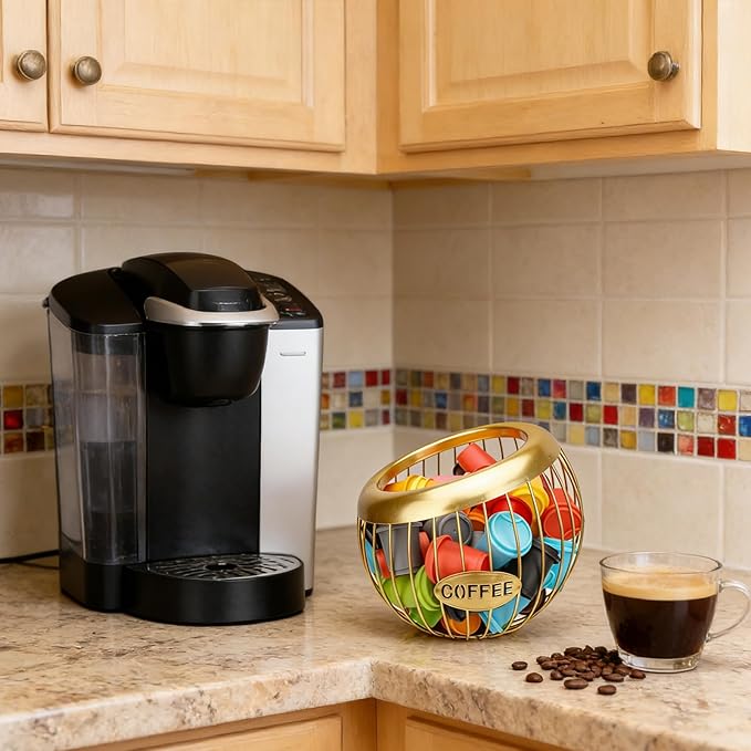 Large Capacity Metal Coffee Pod Holder - K Cups Organizer, Espresso Capsule Storage Basket for Counter & Bar Station Accessories (Golden)