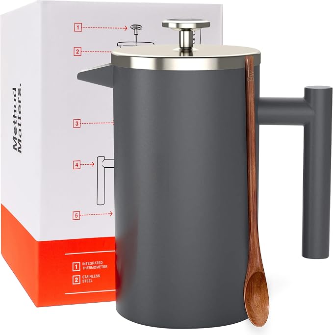Barista Warrior French Press Coffee Maker - Double-Wall Stainless Steel Insulated French Press with Built-In Thermometer, Dual Filters Coffee Maker with Wooden Spoon - Grey