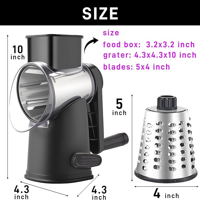 Weltonhm Rotary Cheese Grater with 3 Blades, Large Hand Crank Cheese Grater with Waffle Slicer, Black and White Cheese Slicer with Suction Base, Easier for Shredding& Grating (black, 3 Graters)