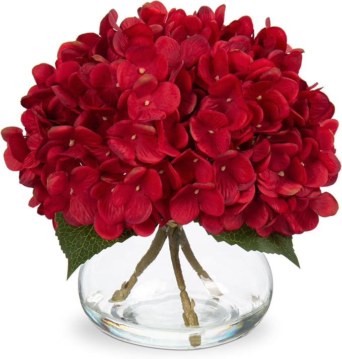 Hollyone Hydrangea Artificial Flowers in Vase Red Silk Fall Fake Flowers Arrangements with Glass Vase with Faux Water Faux Floral Bulk Bouquet for Office Table Centerpiece Shelf Home Decorations