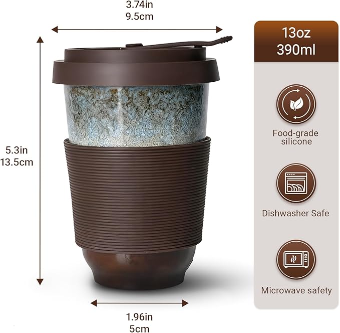 13oz Ceramic Coffee Mug with Lids 2 Sets, Travel Coffee Cup Leak-proof Fit Car Holder, Portable Mug Set w/Silicon Sleeve Pb Cd Free, Gift for Mother Father Birthday Wedding
