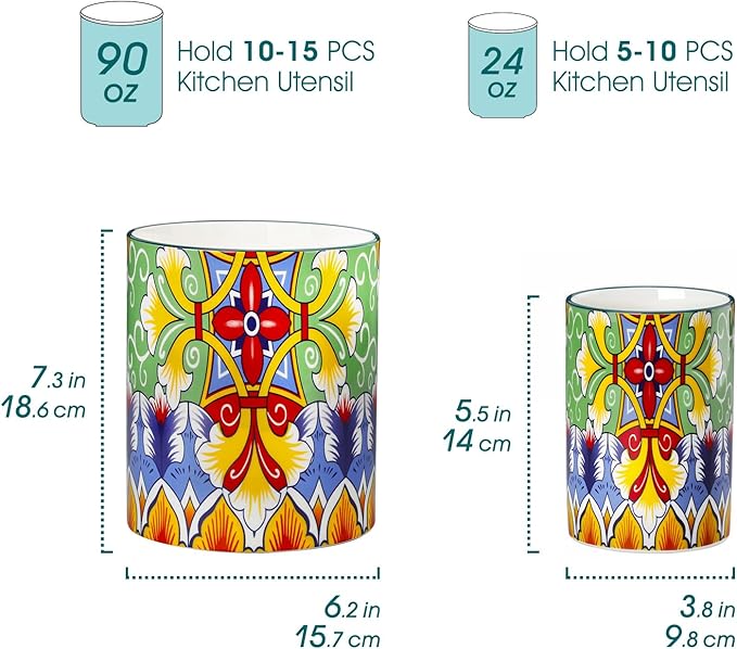 vancasso SIMI Utensil Holder, 7.3"+5.5" Porcelain Kitchen Utensil Holder for Countertop, Bohemian Kitchen Utensil Organizer for Spatulas, Spoons, Ladles, Decorative Counter Utensil Crock, Golden Bloom