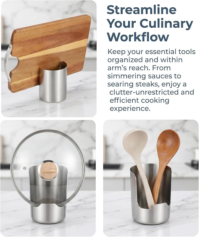 Multi-Functional Kitchen Utensil Holder for Holds Pot Lids & Spoon Countertop Organizer Tool, Space-Saving Vertical Heavy Duty Thickened 304 Stainless Steel Spoon Rest, Lid & Cutting Board Rack