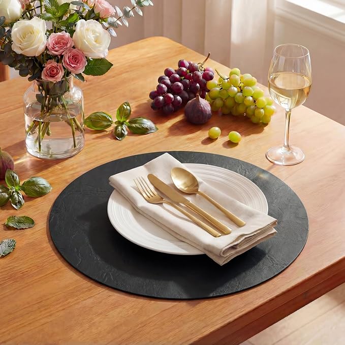 Artoid Mode Black Faux Leather Placemats Set of 8, 15 Inch Waterproof Wipeable Heat Resistant Vinyl Halloween Place Mats, Reversible Table Mats for Kitchen Dining Decor