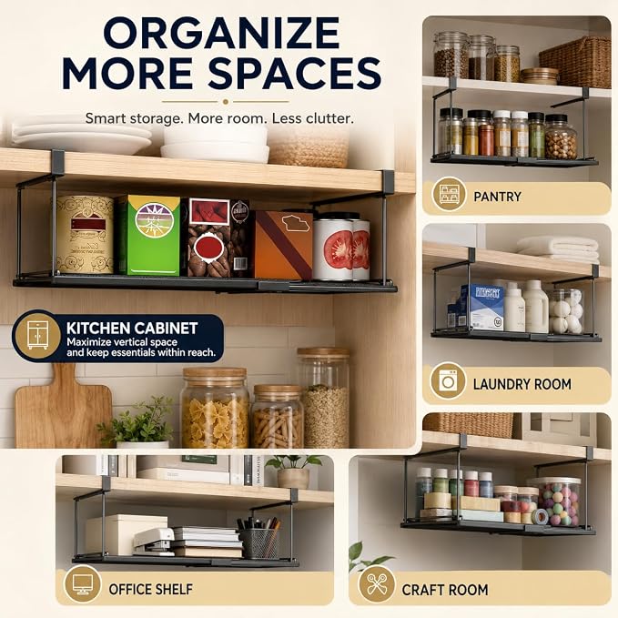 Under Shelf Basket Storage, Expandable Black Metal Cabinet Organizer | Expands 15.2–27.8in Metal Mesh Basket No Drill Installation Under Cabinet Organizer for Kitchen Pantry, Cabinet, Laundry Room