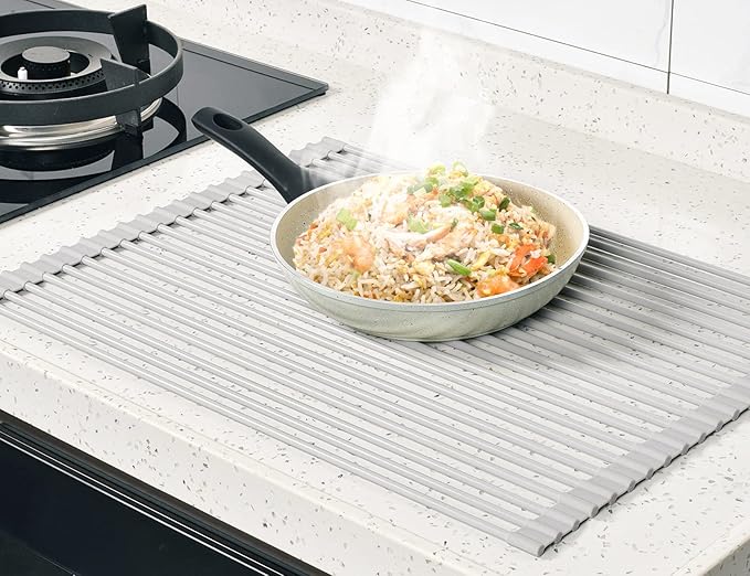 Surpahs 20.5 x 15.5 Inch Roll-Up Dish Drying Rack, Fits Across Sink Openings up to 19.5 Inches, Heavy-Duty Premium Silicone, Strong Support, Non-Slip, Heat-Resistant, Warm Gray