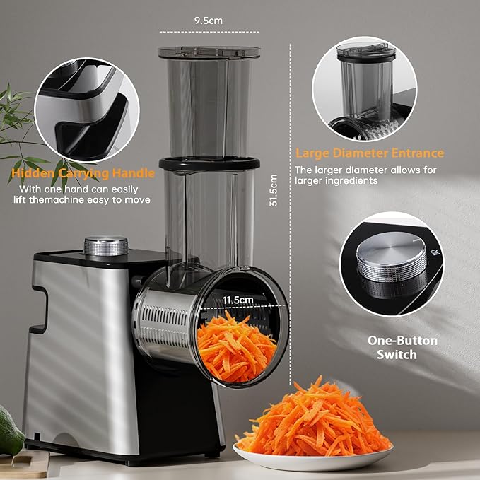 7 in 1 Electric Cheese Grater, 300W Cheese Grater for Block Cheese with 14 Blades, Y Peeler and Brush, Kitchen Automatic Cheese Shredder Electric for Vegetables, Fruits, and Salad