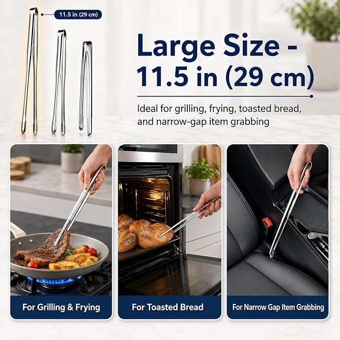 Kitchen Tongs Set of 3 with Storage Case, 304 Stainless Steel Cooking Tongs, 11.5”, 9.5” & 6” Serrated Non-Slip Tips for Grilling, Frying, Salad, Pasta, Ice Cubes (Silver)