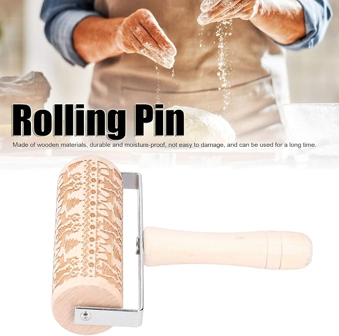 Embossed Wooden Rolling Pin, Engraved Embossing Rolling Pin with Christmas Pattern for Baking Embossed Cookies,Cute Kitchen Tool for Kids and Adults (1#) embossing