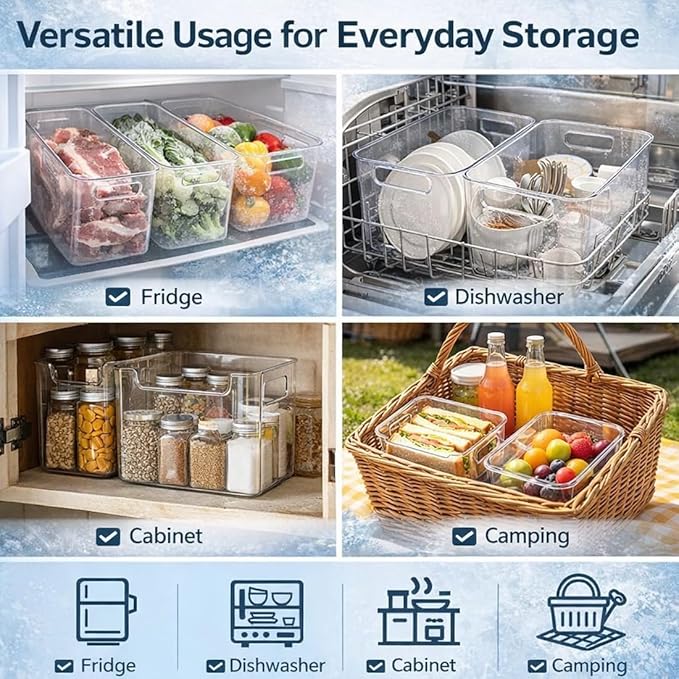 Transparent plastic storage box with lid and handle, stackable kitchen organizer for refrigerator, cabinet, pantry, bathroom, and office (Transparent color (with lid), S)