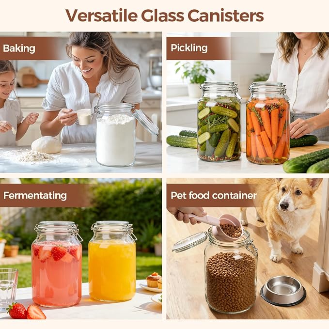 ComSaf 1.1 Gallon Glass Jars with Airtight Lids (138oz, Set of 2), 4-Inch Extra-Wide Mouth Heavy Duty Canisters for Bulk Flour, Sugar & Rice Storage, Ideal for Kombucha, Kimchi, Sauerkraut & Pickling