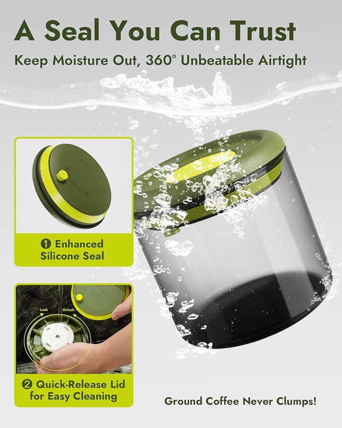 Airtight Coffee Canister – One-Way CO₂ Valve, UV Protection, 3X Thicker Glass, Coffee Bean Storage Container for Ground Coffee & Tea, 30.5 fl oz, for 0.8 lb Beans