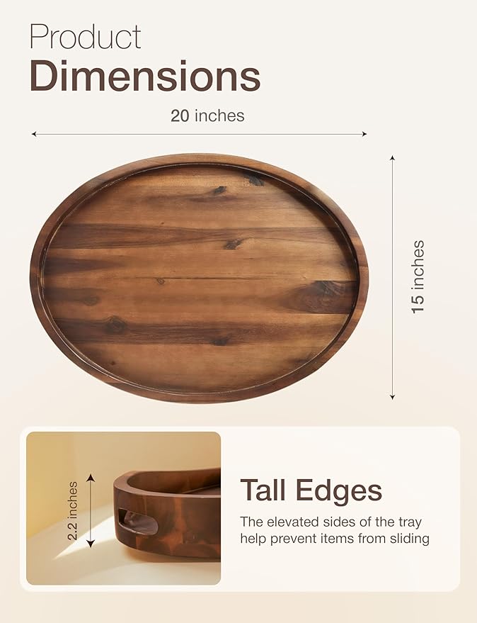TIDITA Acacia Wood Ottoman Tray with Handles - 20" x 15" Round - Large Oval Serving Trays for Living Room -Wooden Trays Decorative for Kitchen Counter, Coffee Table, Breakfast in Bed (Walnut Color)