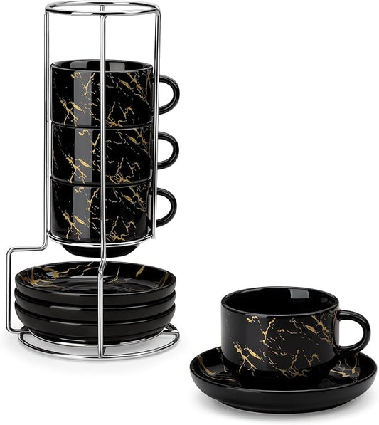 MALACASA 4 OZ Porcelain Espresso Cups with Saucers and Metal Stand Set of 4, Stackable Cappuccino Cups, Marble Black Expresso Shots Cup Set for Coffee Drinks, Latte, Tea