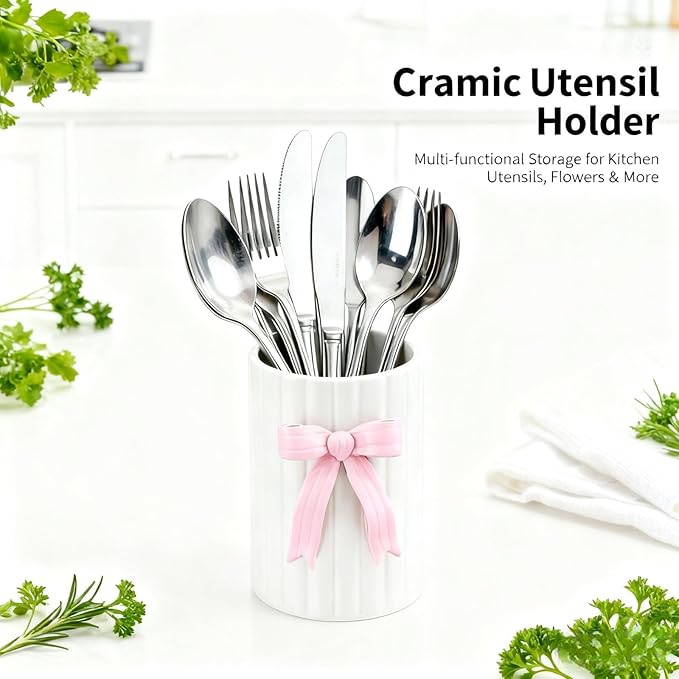 Handmade Pink Bow Ceramic Utensil Holder, 3D Coquette Cooking Utensil Crock with Scalloped Edge, Stable & Easy to Clean Kitchen Storage Caddy Organizer Vase Decor for Countertop Housewarming Gift